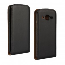 Samsung Galaxy J2 J200 - Genuine Leather Up Down Flip Protective Phone Cover Case - Black